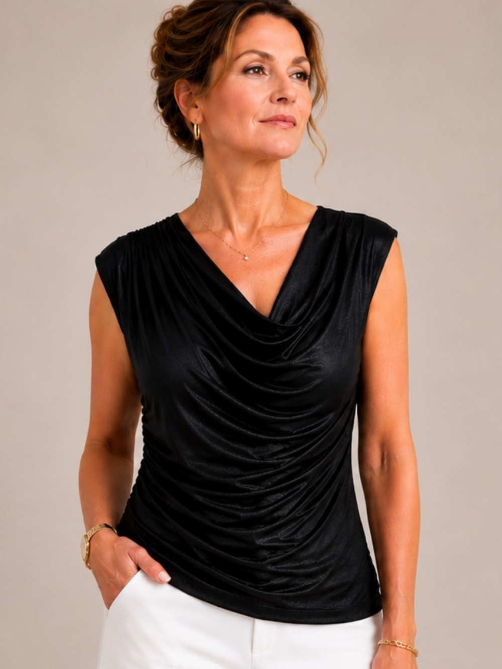 Brian Bailey - Black Shimmer Draped Cowl Neck Asymmetrical Gathered Top - SzS